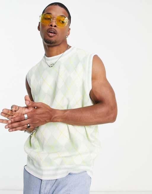 Liquor N Poker knitted vest jumper in white with sage green diamond print