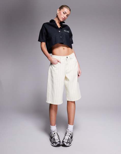 Liquor N Poker ecru denim pinstripe jorts in cream 