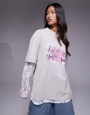 Liquor N Poker Lace Long Sleeve T-shirt With Graphic Logo In Neutral