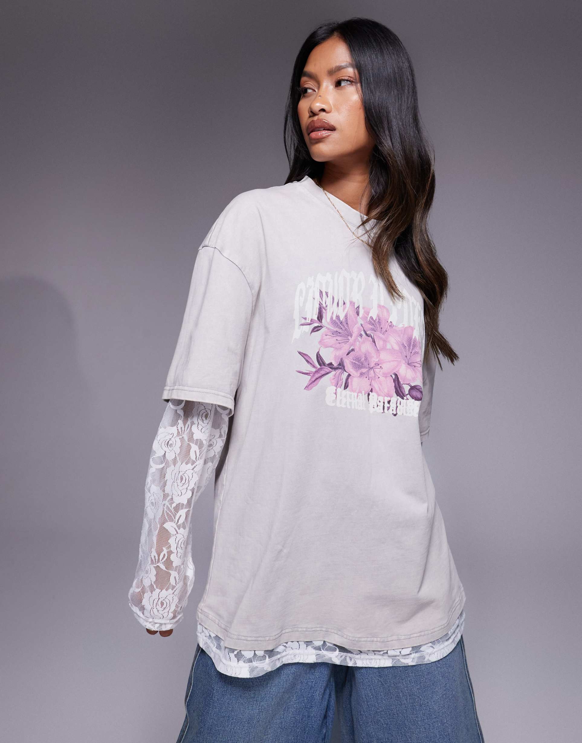 liquor n poker lace long sleeve t-shirt with graphic logo in beige