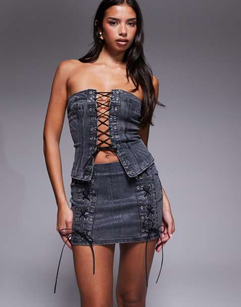 Liquor N Poker lace up pu coated denim corset & skirt co-ord in charcoal - view 1