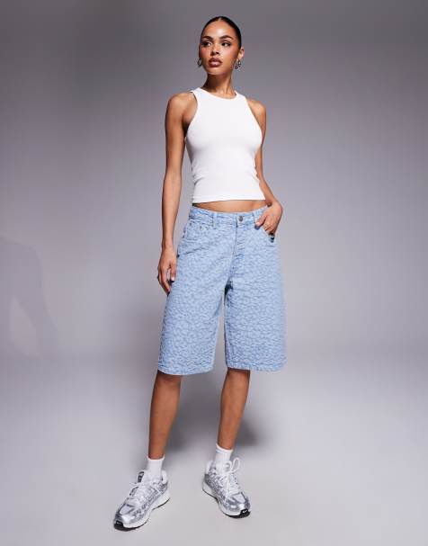 Liquor N Poker leopard print denim jorts in jacquard blue wash - view 1
