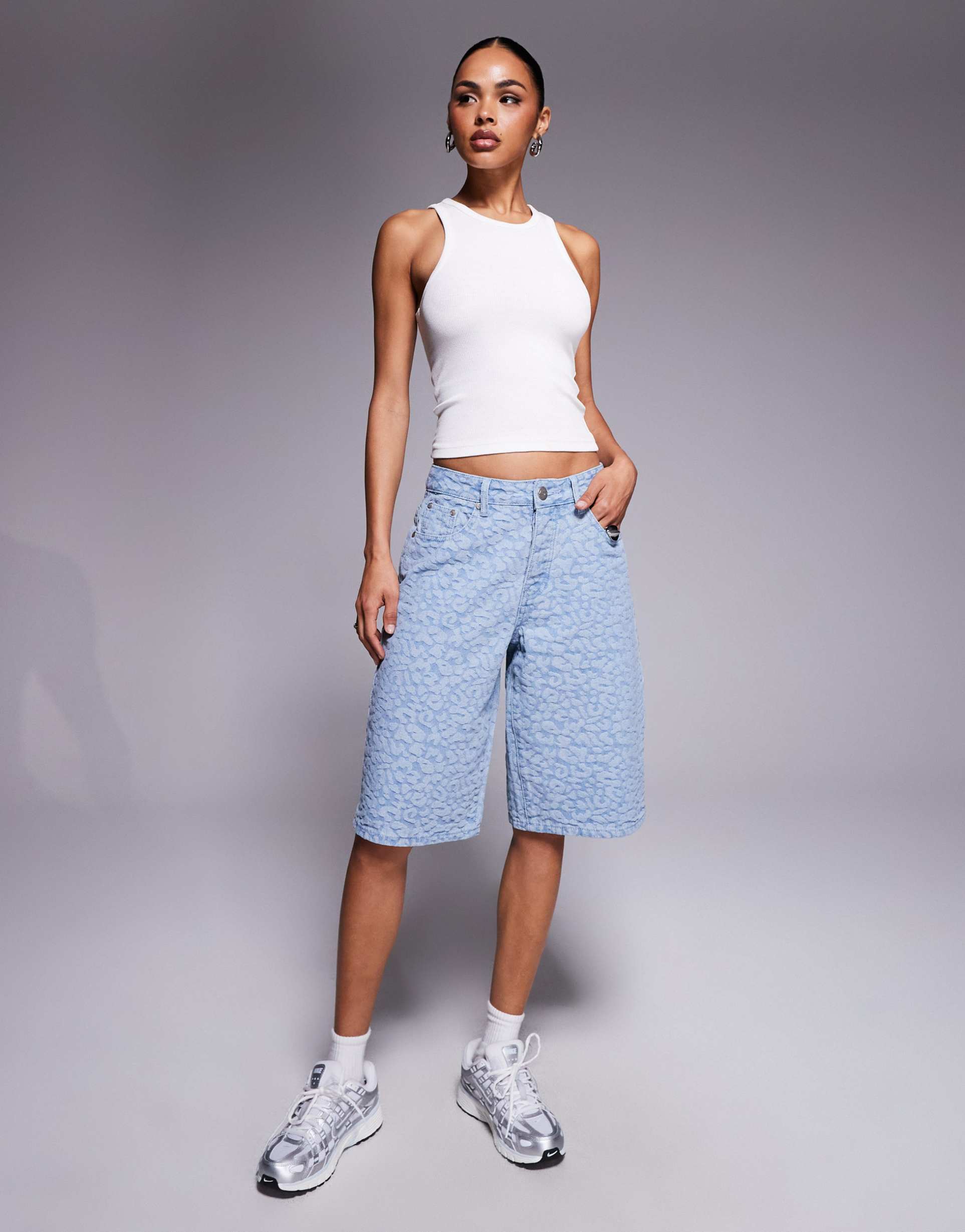 liquor n poker leopard print denim jorts in jacquard blue wash