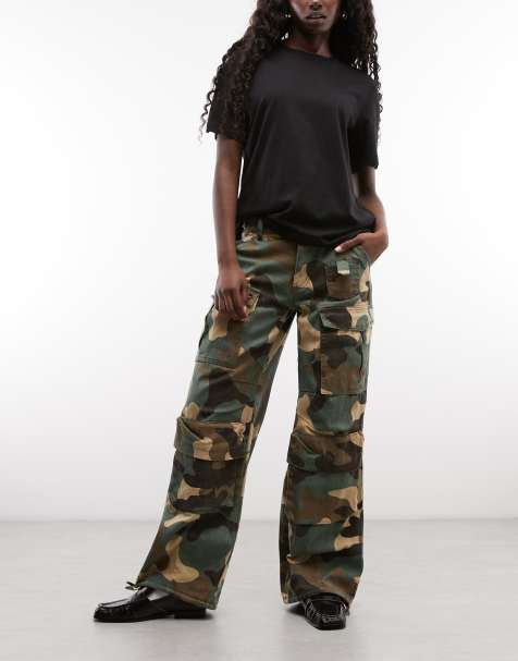 Liquor N Poker low rise baggy cargo jeans with stud pocket detail in green camo - view 1