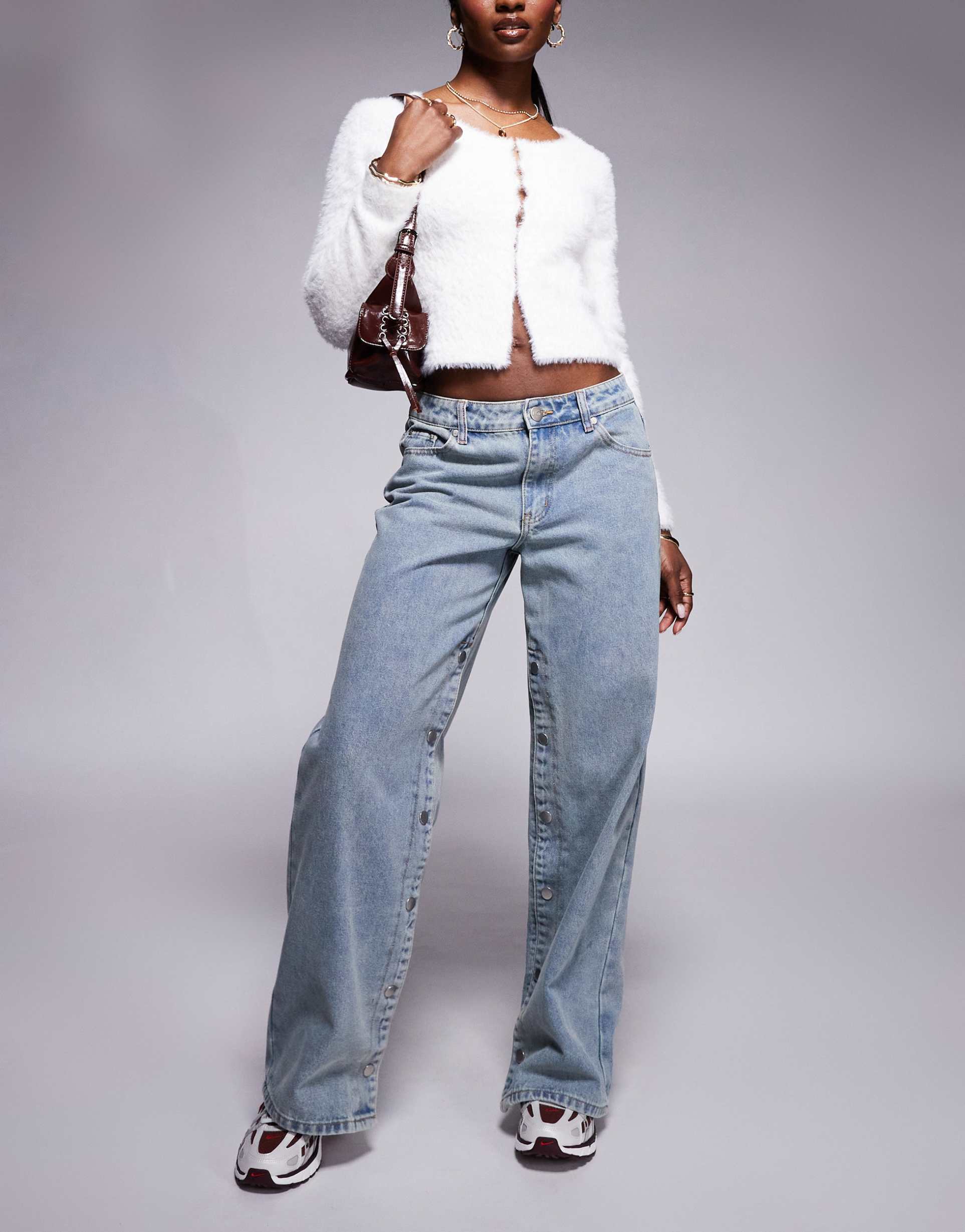 liquor n poker low rise baggy jeans with side snaps in mid blue