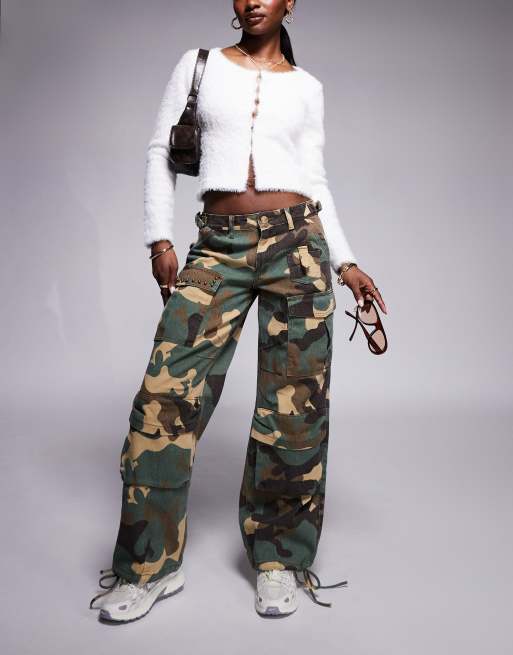 Liquor N Poker low rise camo baggy jeans with stud detail in multi