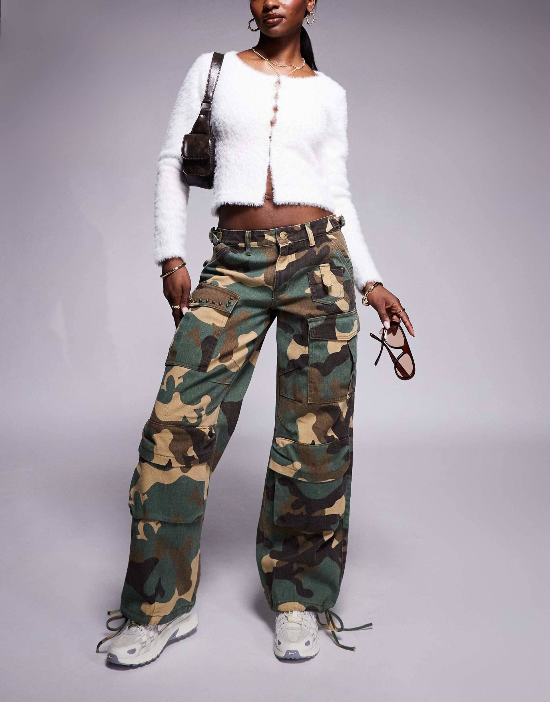 liquor n poker low rise camo baggy jeans with stud detail in multi