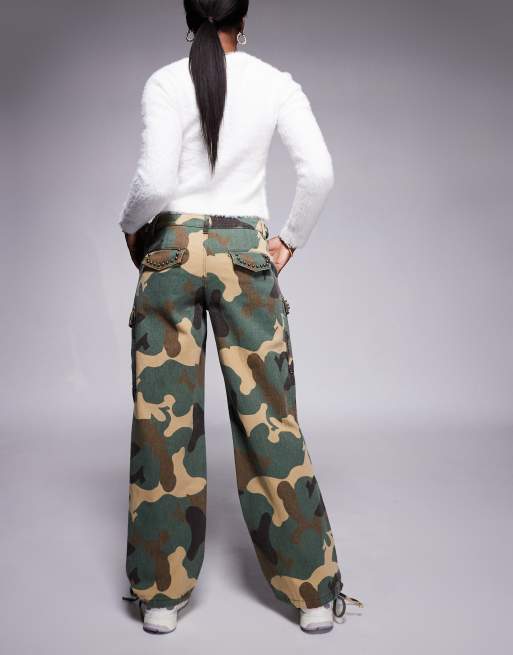 Liquor N Poker low rise camo baggy jeans with stud detail in multi