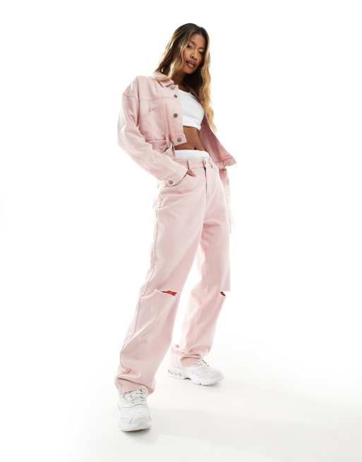 Liquor N Poker mid rise baggy fit jeans in pink acid with knee rip ASOS