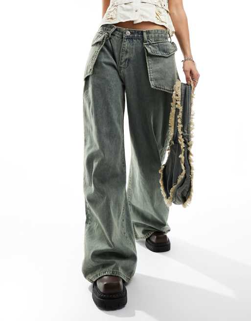 Liquor N Poker mid rise baggy jean with oversized pocket in dirty green wash