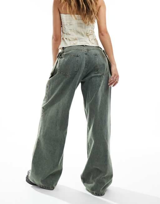 Liquor N Poker mid rise baggy jean with oversized pocket in dirty green wash