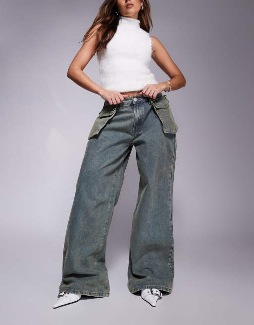 Liquor N Poker mid rise baggy jean with oversized pocket in dirty green wash