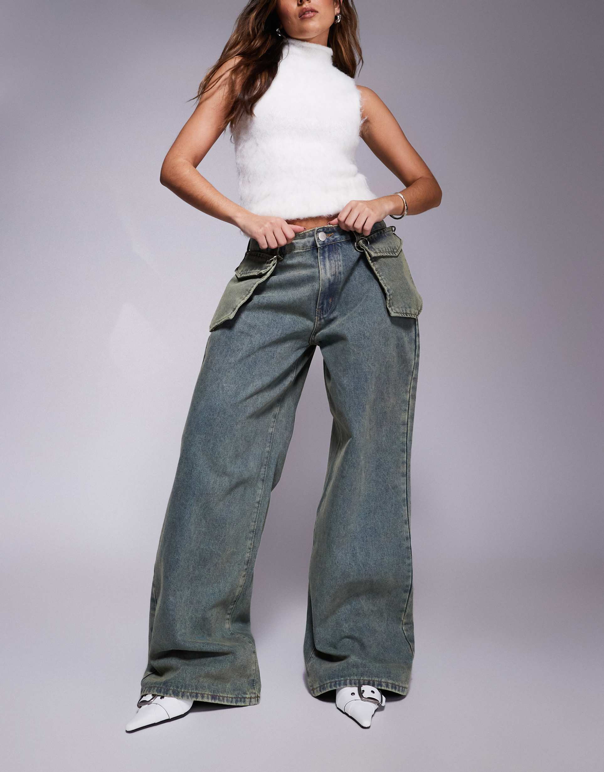 liquor n poker mid rise baggy jean with oversized pocket in dirty green wash