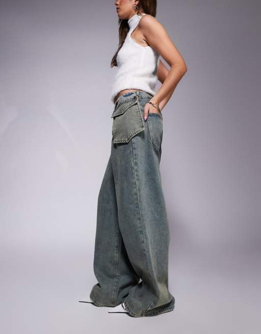 Liquor N Poker mid rise baggy jean with oversized pocket in dirty green wash