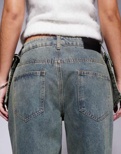 Liquor N Poker mid rise baggy jean with oversized pocket in dirty green wash