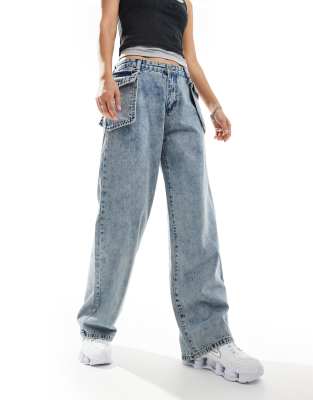 mid rise baggy jean with oversized pocket in dirty wash-Green