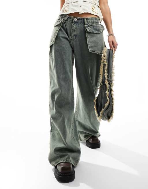 Liquor N Poker mid rise baggy jeans with oversized pocket in dirty green wash