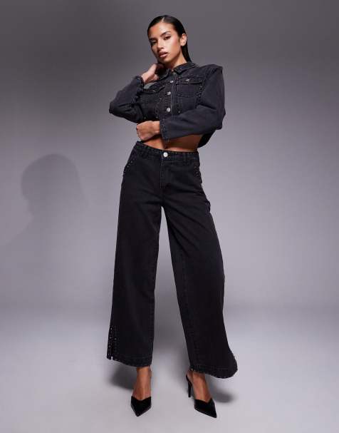 Liquor N Poker mid rise straight jean with diamante seam detail co-ord in washed black - view 1