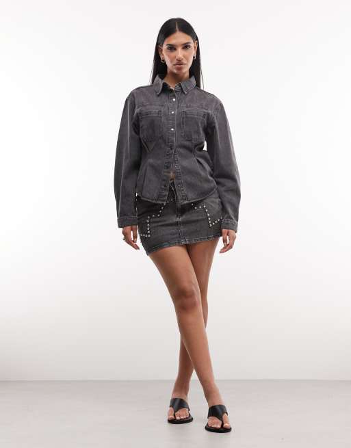 Liquor N Poker - Minigonna in denim nero slavato con borchie, 2 di 5