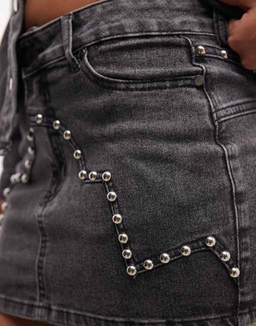 Liquor N Poker - Minigonna in denim nero slavato con borchie, 3 di 5