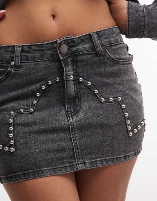 Liquor N Poker - Minigonna in denim nero slavato con borchie, 4 di 5