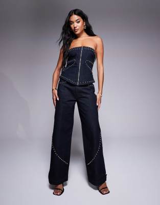 Liquor N Poker - Mit Nieten besetzte Baggy Jeans in Indigoblau mit Nahtdetails, Kombiteil-Marineblau