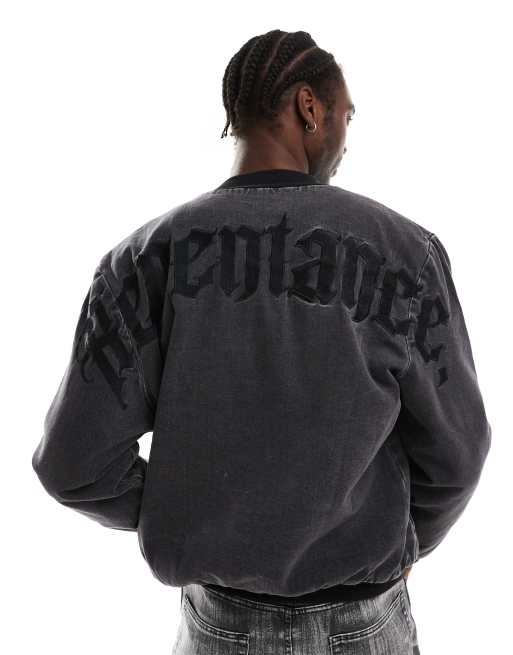 Liquor N Poker motif back bomber jacket in black