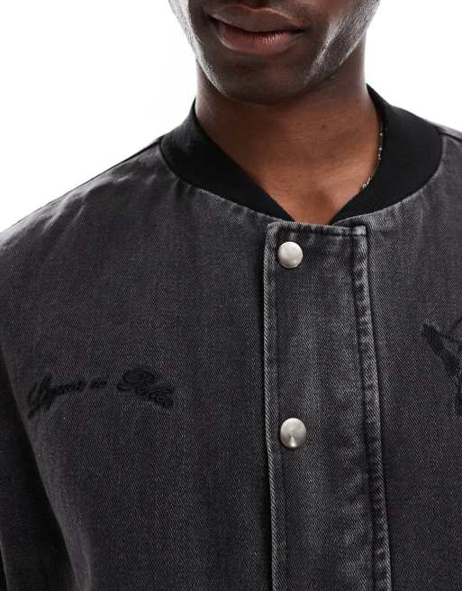 Liquor N Poker motif back bomber jacket in black, 3 of 4