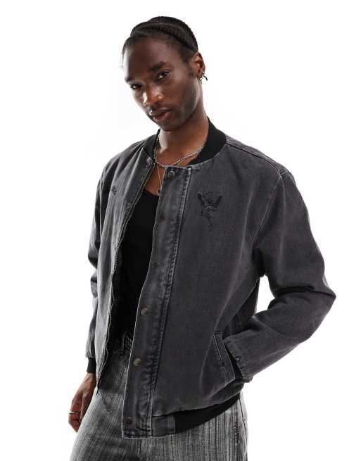 Liquor N Poker motif back bomber jacket in black, 4 of 4