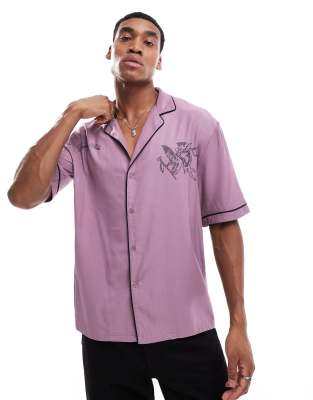 motif print back bowling shirt in mauve-Purple