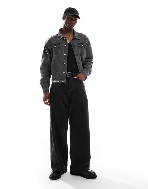 Liquor N Poker motif print denim jacket in black