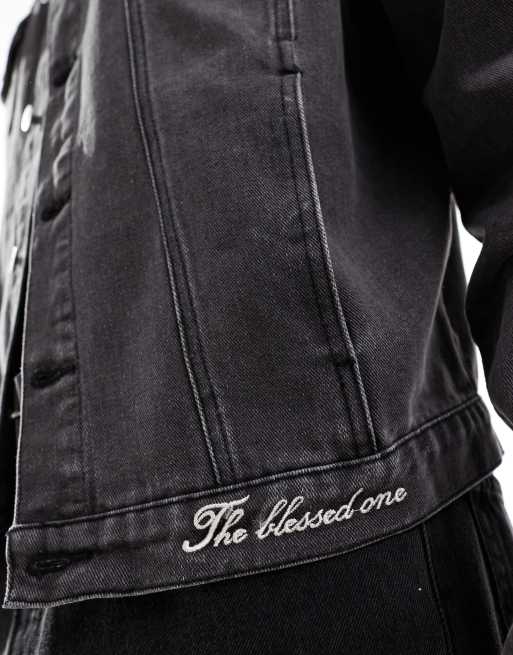Liquor N Poker motif print denim jacket in black