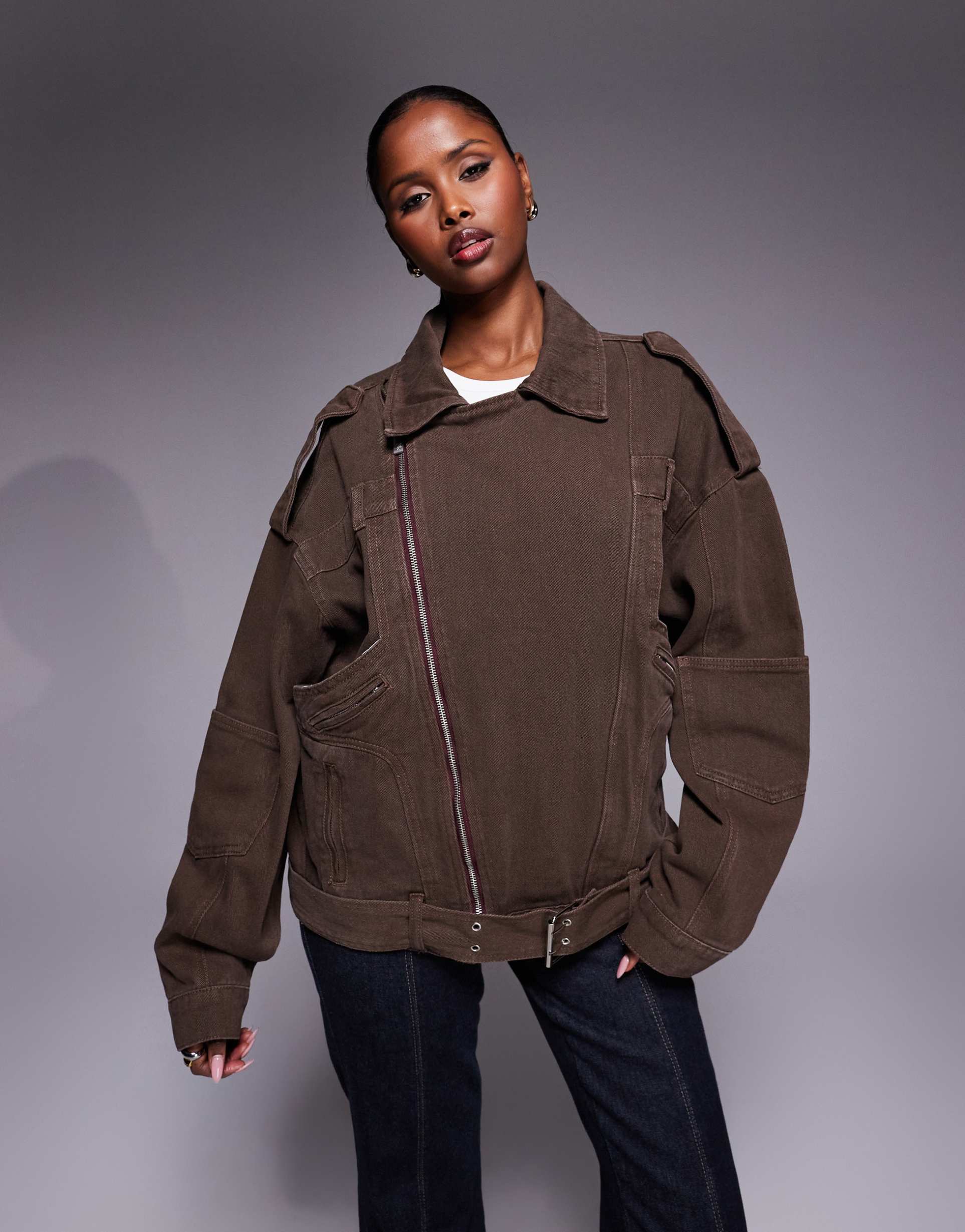 liquor n poker moto jacket with zip up in chocolate brown