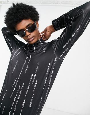 muscle fit long sleeve roll neck t-shirt in black with all over japanese text print