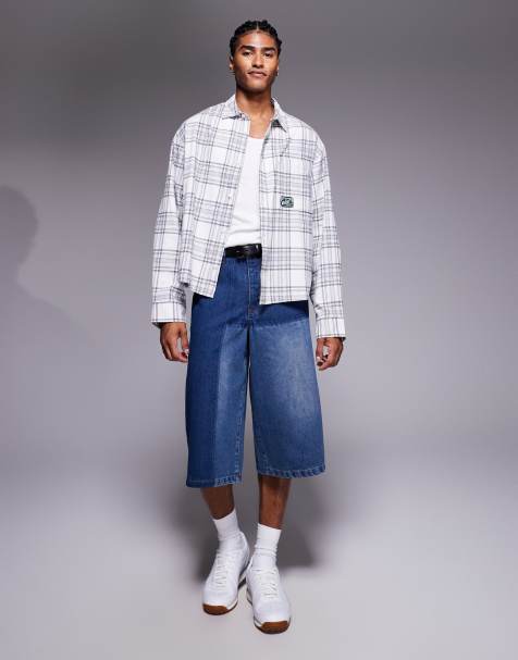 Liquor N Poker extra baggy denim shorts in blue patchwork