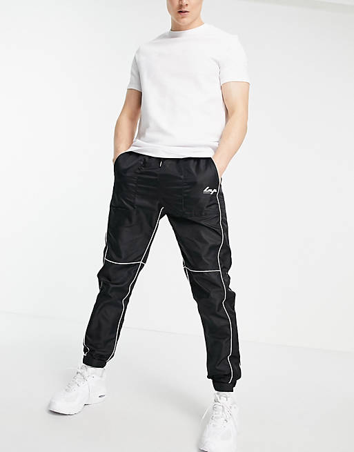 Liquor N Poker nylon joggers in black with white piping