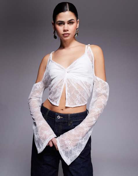 Liquor N Poker onyx bell sleeve top in white