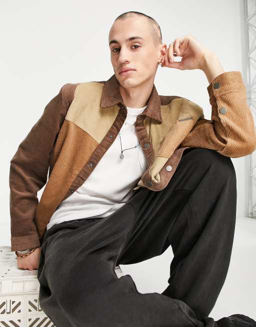 Liquor N Poker – Oversize-Hemdjacke aus Cord in Braun und Cremeweiß im geteilten Design