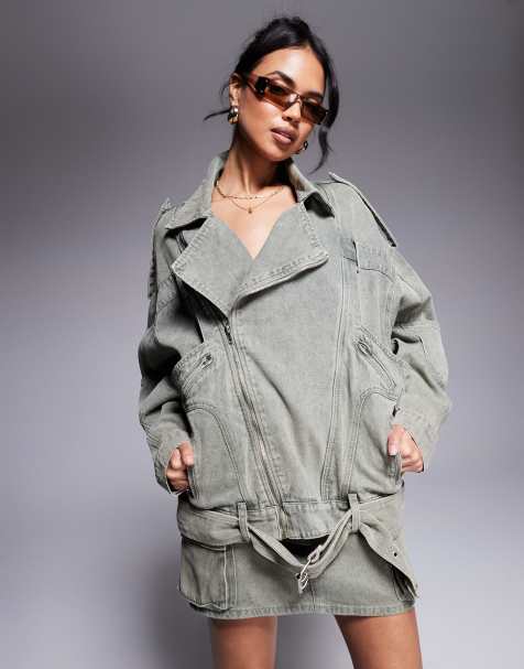 Liquor N Poker – Oversize-Jeansjacke im Bikerstil in verwaschenem Khaki - view 1