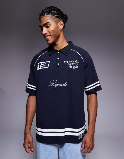 Liquor N Poker – Oversize-Polohemd in Marineblau mit Logo sowie Streifen und Kragen im Kontrast-Design