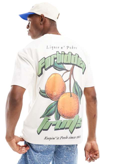 Liquor N Poker – Oversize-T-Shirt in Weiß mit Frucht-Aufdruck auf der Rückseite