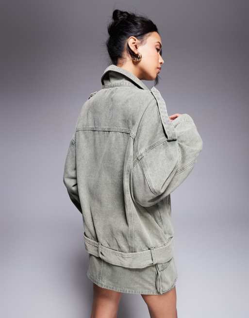 Liquor N Poker - Oversized bikerjack van denim in kaki met wassing, 4 van 4