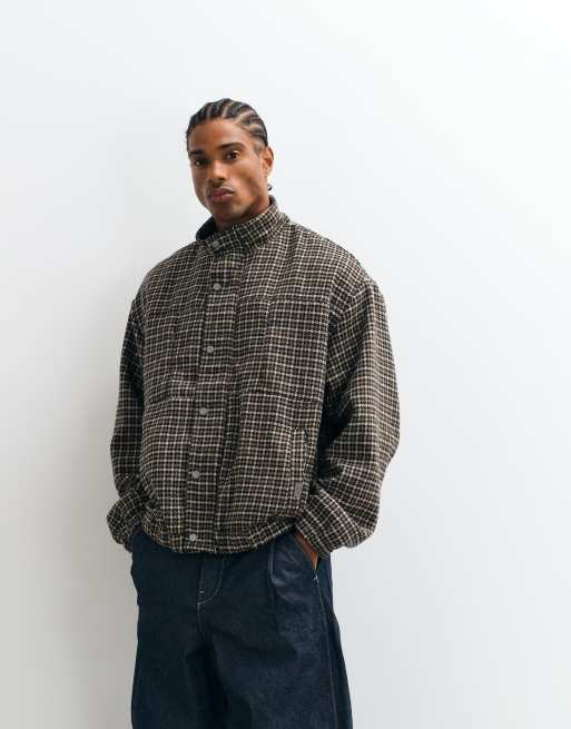 Liquor N Poker oversized boxy funnel neck jacket in brown check, 5 of 5