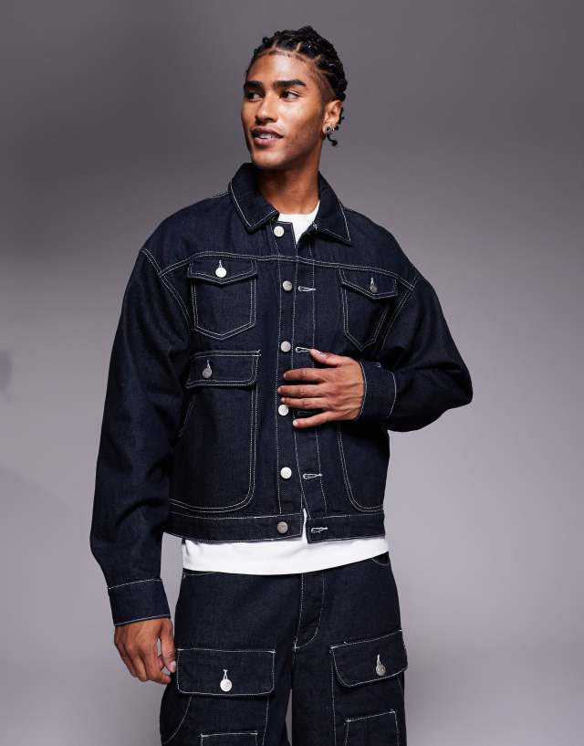 Liquor N Poker oversized carpenter denim jacket in raw indigo wash