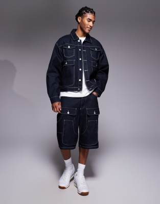 Liquor N Poker oversized carpenter denim jacket & shorts set in
