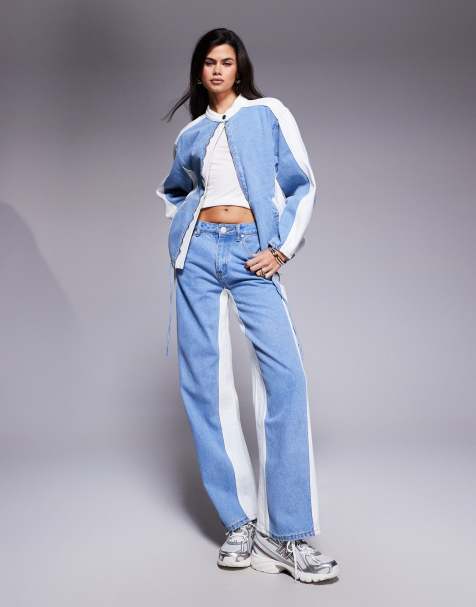 Liquor N Poker oversized denim biker jacket co-ord with contrast panel in multi