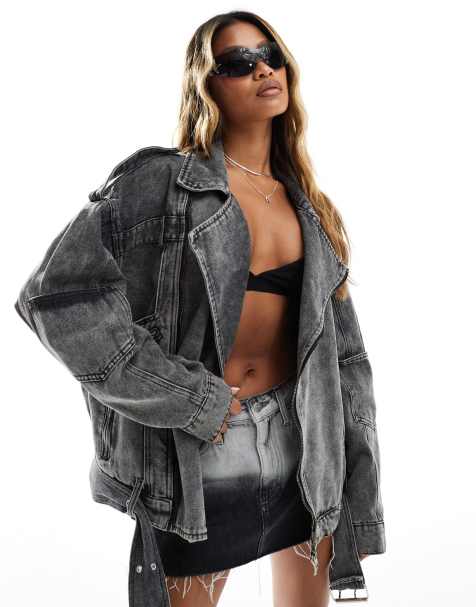 Liquor N Poker oversized denim biker jacket in acid wash - view 1