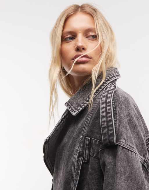 Liquor N Poker oversized denim biker jacket in acid wash, 2 of 4
