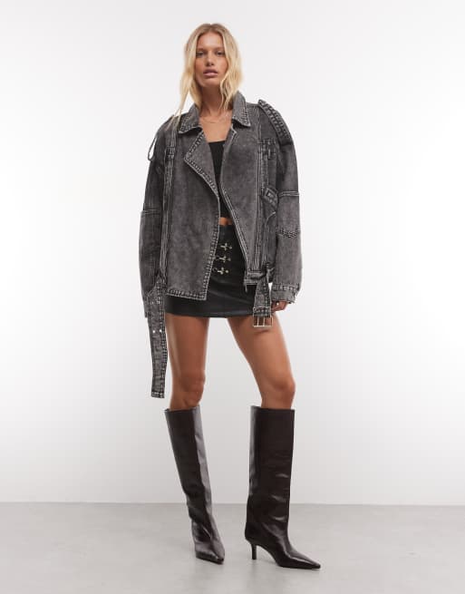Liquor N Poker oversized denim biker jacket in acid wash, 3 of 4
