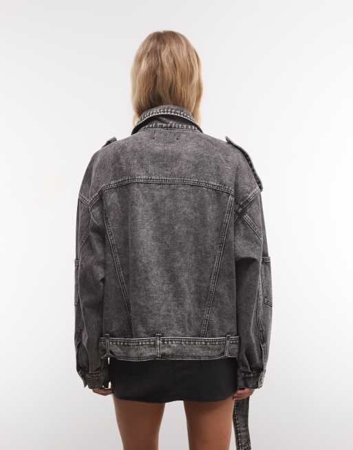Liquor N Poker oversized denim biker jacket in acid wash, 4 of 4